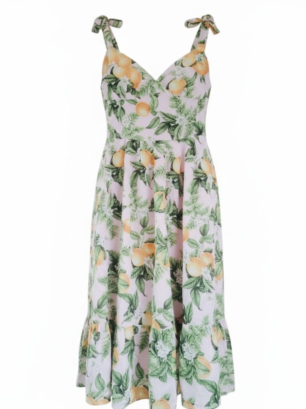 Aqua Citrus Print Tiered Midi Cotton Flowy Wedding Guest Garden Party Dress L - Picture 2 of 9